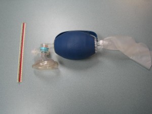 Bag valve mask used to provide rescue breaths in hospital settings (part of CPR HCP).